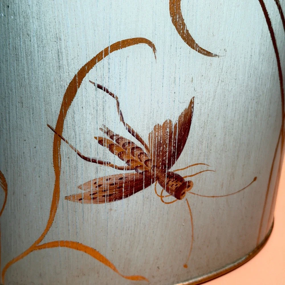 Vintage Hand Painted Metal Wastebasket Blue Gold Wheat Grasshopper Nature Decor